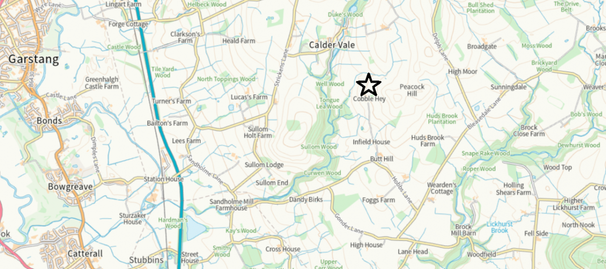 Forest of Bowland Map - Cobble Hey Farm - Close up Forest of Bowland Map - Cobble Hey Farm - Close up